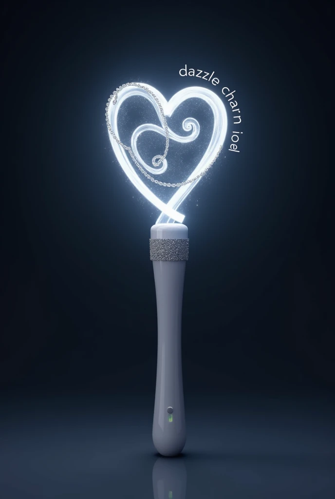 kpop lightstick but design as magic wand. elegant and cute. the lightstick emits silver light. sparkling and glowing in the dark. no hand. preview. the stick has on or off button. the stick is white only 15cm height. on top of stick is a love shape. has sophisticated vibe. the stick is NOT TOO THIN. 15 cm height stick. word (DAZZLE CHARM) in black surround the lightstick at splits the love and stick in horizontal. the love is spiraled with a silver chain