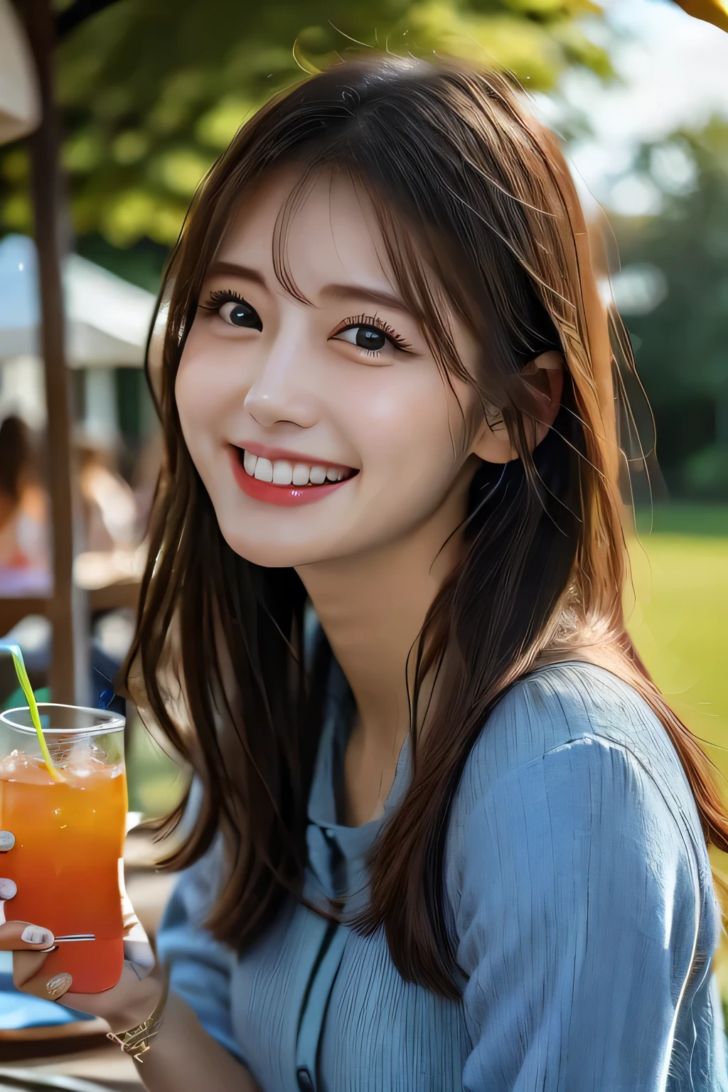 A beautiful woman enjoying a summer BBQ under a bright blue sky, holding a drink in one hand and smiling cutely, wearing casual summer clothes, surrounded by a vibrant outdoor setting with green grass and trees, warm sunlight illuminating her joyful expression, the atmosphere is lively and relaxed
