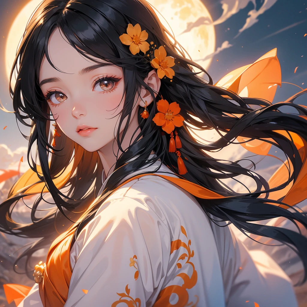 A beautiful girl with black long hair, wear white ancient chinese clothes, There are some floating clouds, with the sun shining on her face, close up.
Background is a volcano, lava erupting orange