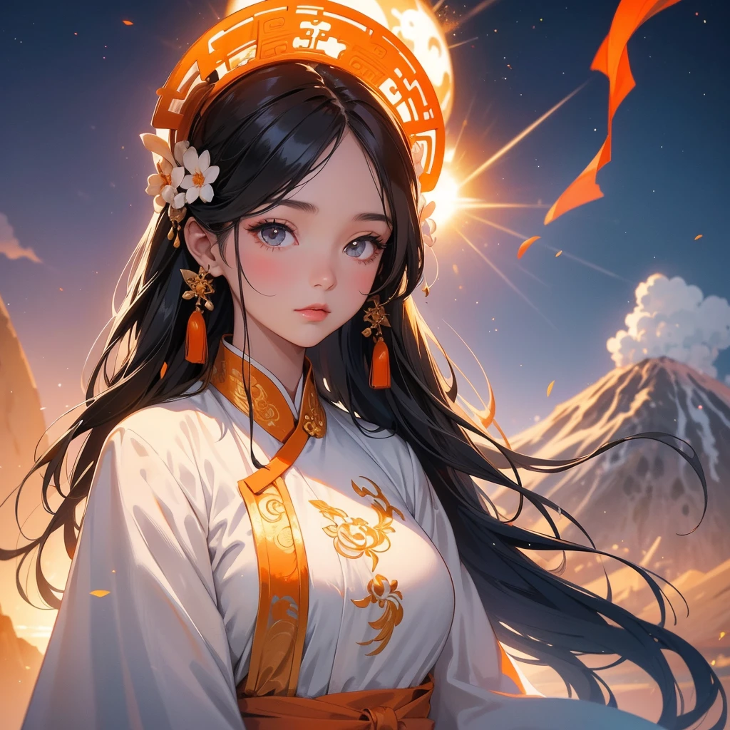 A beautiful girl with black long hair, wear white ancient chinese clothes, There are some floating clouds, with the sun shining on her face, close up.
Background is a volcano, lava erupting orange