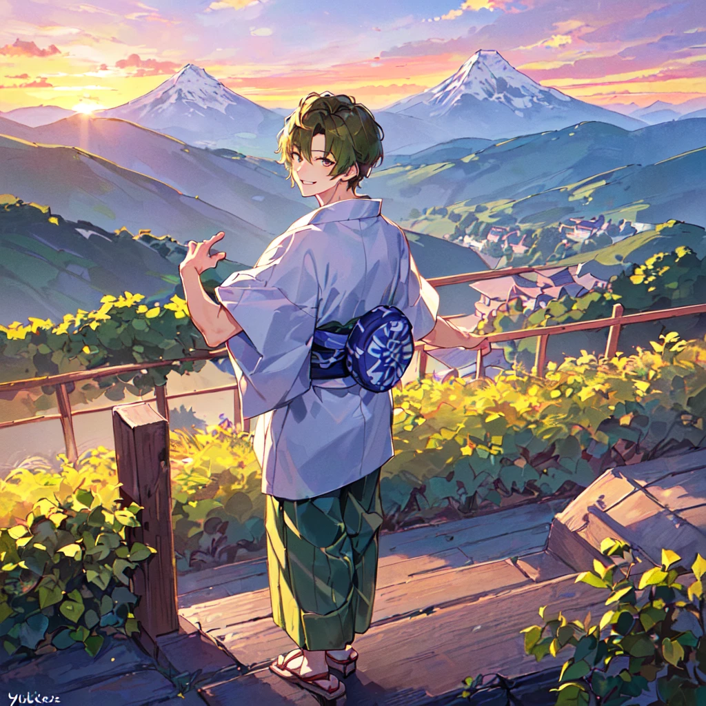 masterpiece, best quality, high quality, extremely detailed, (1 male handsome age 20 solo one: 1.5), (short short hair: 1.5), (hair color brown), (eyes yellowish green: 1.3), 8 head tall, slender nose, facial muscles, Throat, (yukata short sleeves and pants: 1.3), (standing), (dynamic pose), (smiling: 1.3), (background countryside and mountains: 1.3), (sunset: 1.3)