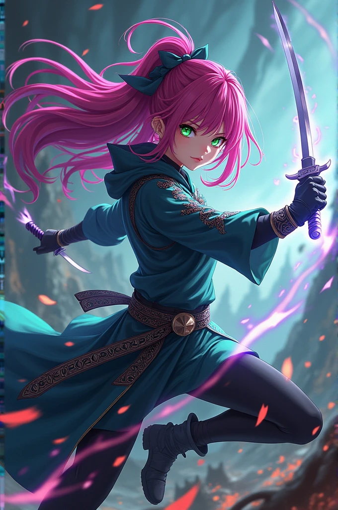 Jujutsu Kaisen female anime character with magenta colored hair and green eyes. 
Fighting with katana and curse power, fight against monsters.