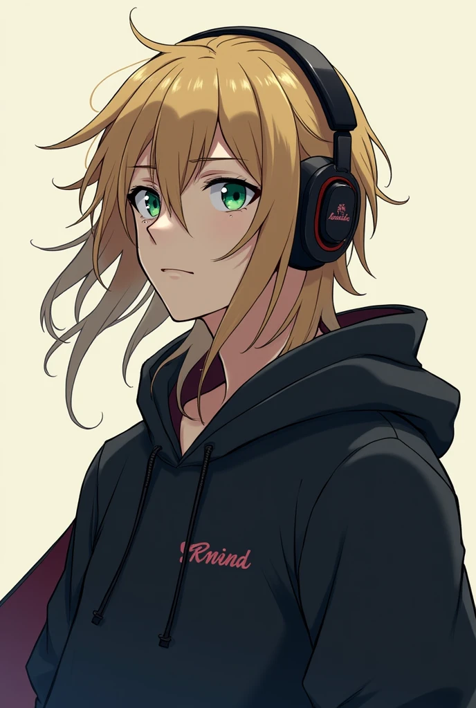 Create an anime-style image of a male character with long blond hair, Wearing Headphones, greeneyes, he has a small wart on his nose, and he's wearing a black sweatshirt with a cape and has a reflective expression looking at the horizon
