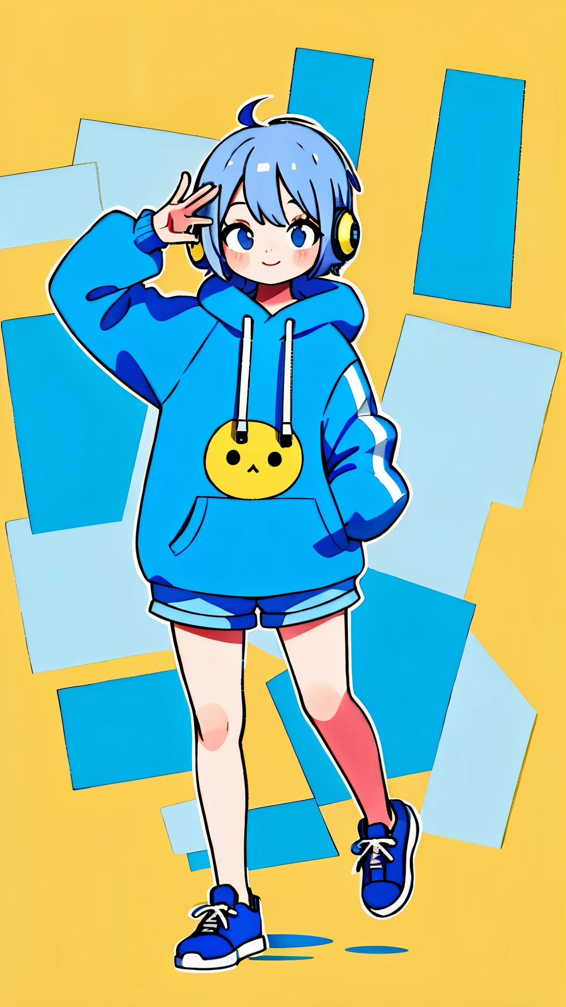 Mash Hair　Short Hair　Blue hair　Wearing a blue hoodie　　I'm wearing headphones　1 male　smile　Yellow irises　Narrow eyes　cheeks are white　The whole body is shown　Looking into the distance　Waving one hand up　The whole body is on camera　2 heads　