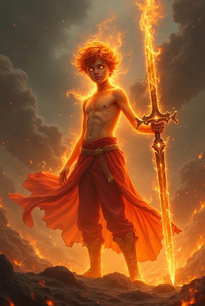 Make a  boy who is a fire god who uses 1 sword