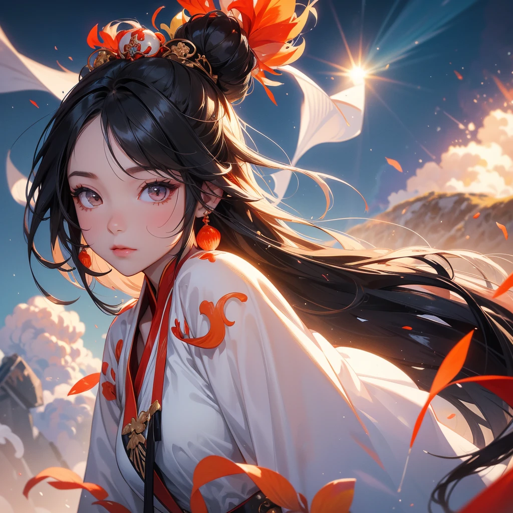 A beautiful girl with black long hair, wear white ancient chinese clothes, There are some floating clouds, with the sun shining on her face, close up.

Background is a volcano, lava erupting red