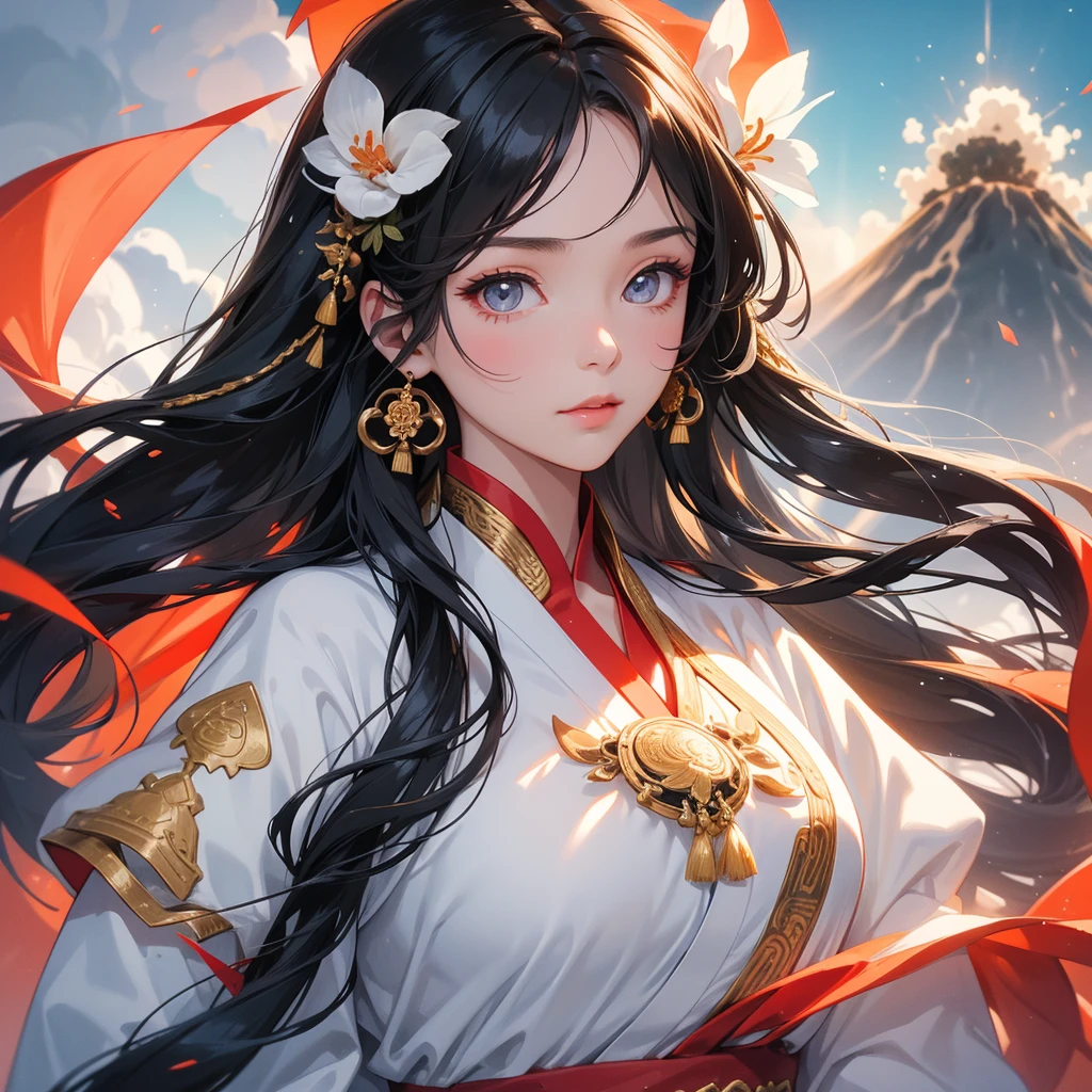 A beautiful girl with black long hair, wear white ancient chinese clothes, There are some floating clouds, with the sun shining on her face, close up.

Background is a volcano, lava erupting red