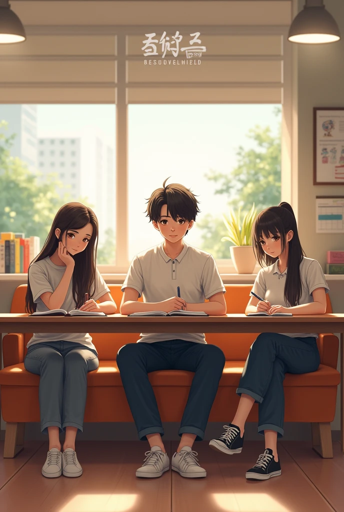In classroom 3 students 2, setting on a long chair