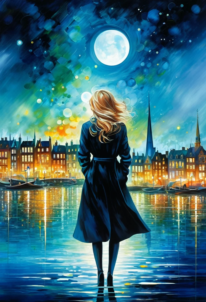 ethereal fantasy concept art of a (Illustration by Herge of a city at night where a Brighton Sharbino wears a black coat, city skyline, beautiful shading, black makeup, shiny glossy, dark night, (by Herge1.2):1.2) touching water surface, chaotic resonance, microdisplacement, watercore, bioluminescence, aetheric realm, chiaroscuro, symbolism, intricate details, style of (Leonid Afremov:1.1) and Anna Dittmann, . magnificent, celestial, ethereal, painterly, epic, majestic, magical, fantasy art, cover art, dreamy