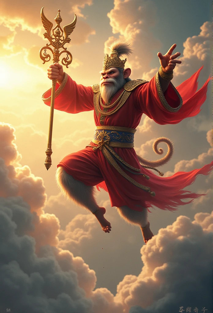 Monkey King with a golden ruyi rod flying in the sky