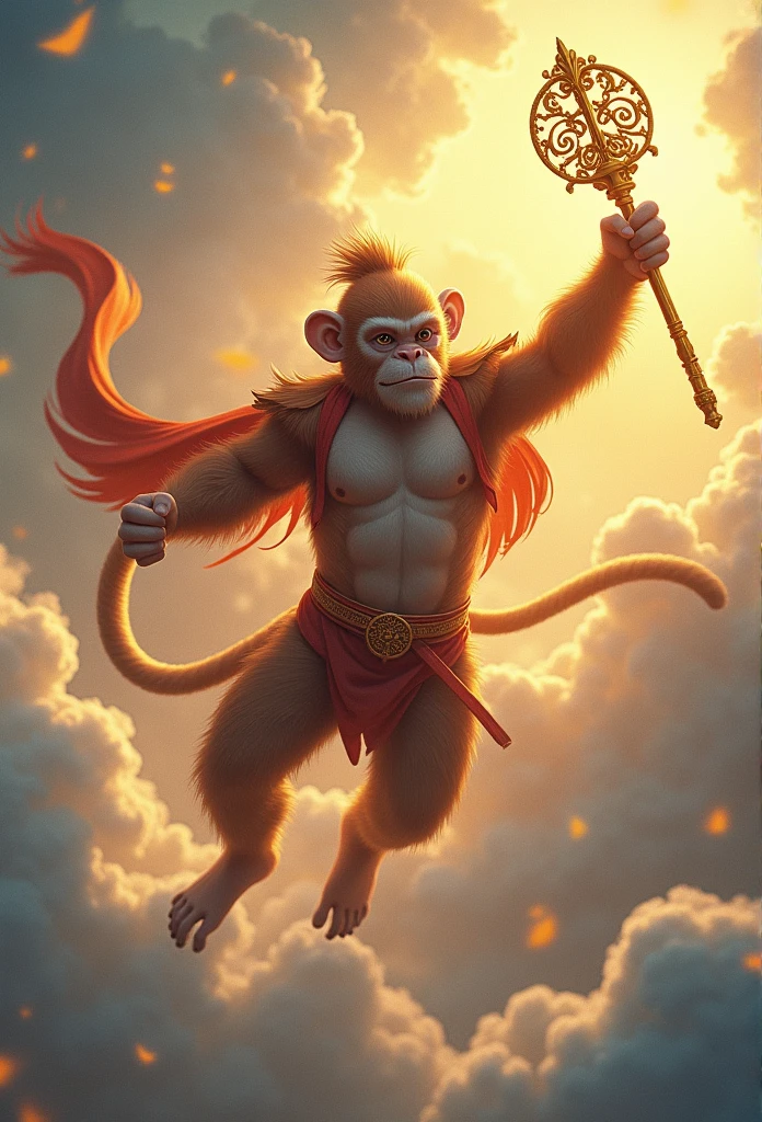 Monkey King with a golden ruyi rod flying in the sky