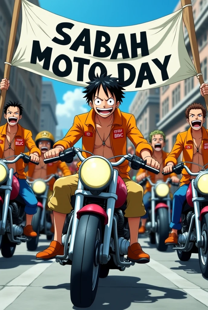 Anime one piece luffy riding a mini moped , Luffy takes 100 of his members on a motorbike , they all wear orange jackets , On the jacket there is BBMC writing on the front of the Adidas brand jacket, wearing long jeans, and wear motorcycle boots, all members are excited , in front holding a banner that says Sabah Moto Day 7.0