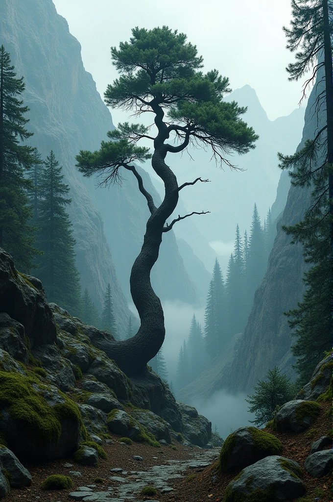 A mountainous landscape with a lonely pine tree, twisted and robust, surrounded by other ancient trees