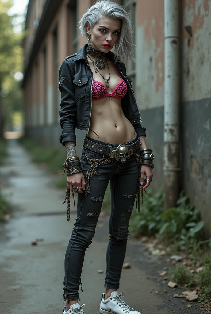 russian old milf woman, biker gang member, short grey combed back with a lot of hair gel, with very light blue eyes, extremely pale, heavy eye shadows. Thin. Sad, humbled face, smeared excessive make up and smeared excessive dark red lipstick Wearing cropped black moto jacket, neon pink leopard print bra, skinny black jeans and white tennis sneakers. Lots of metallic bracelets. Visible thong straps .Big pentacle pendant. Tacky wide belt with massive skull and bones buckle . Demonic tattoos, on belly too. Lots of rings and ethnic bracelets. Wide loop earrings. Looks at the camera with pouty expression. Toned abs, long neck, thin arms and legs. separated legs