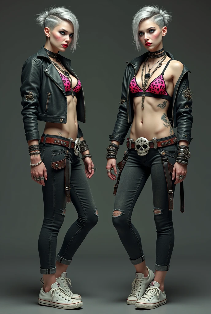 russian old woman, biker gang member, short grey combed back with a lot of hair gel, with very light blue eyes, extremely pale, heavy eye shadows. Thin. Sad, humbce, smeared excessive make up and smeared excessive dark red lipstick Wearing cropped black moto jacket, neon pink leopard print bra, skinny black jeans and white tennis sneakers. Lots of metallic bracelets. Visible thong straps .Big pentacle pendant. Tacky wide belt with massive skull and bones buckle . Demonic tattoos, on belly too. Lots of rings and ethnic bracelets. Wide loop earrings. Looks at the camera with pouty expression. Toned abs, long neck, thin arms and legs. separated legs