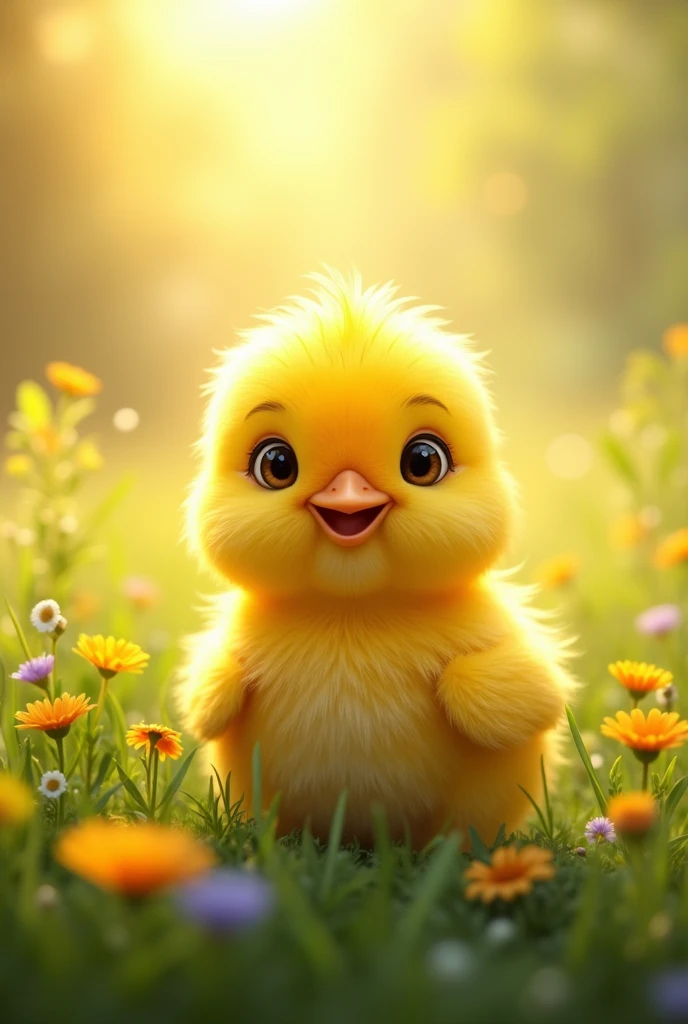 Yellow chick in a meadow 
