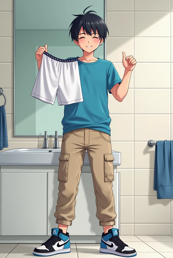 into the image, a cool teenager , with white skin and straight black hair, is posing in a bathroom. He wears a blue t-shirt and beige cargo pants., complemented by a pair of Air Jordan sneakers in blue, black andwhite. The young man is holding only a pair of underwear (of the boxer model), this underwear is white (medium-sized) with both hands, displaying it to the "Camera", with a happy and relieved expression. The bathroom in the background is modern and minimalist., with details like a large mirror and light tiles. The teenager&#39;s expression is relaxed and fun, besides him appearing relieved, giving a casual and informal tone to the image, In anime style, he only holds a pair of underwear (of the boxer model) medium-sized!