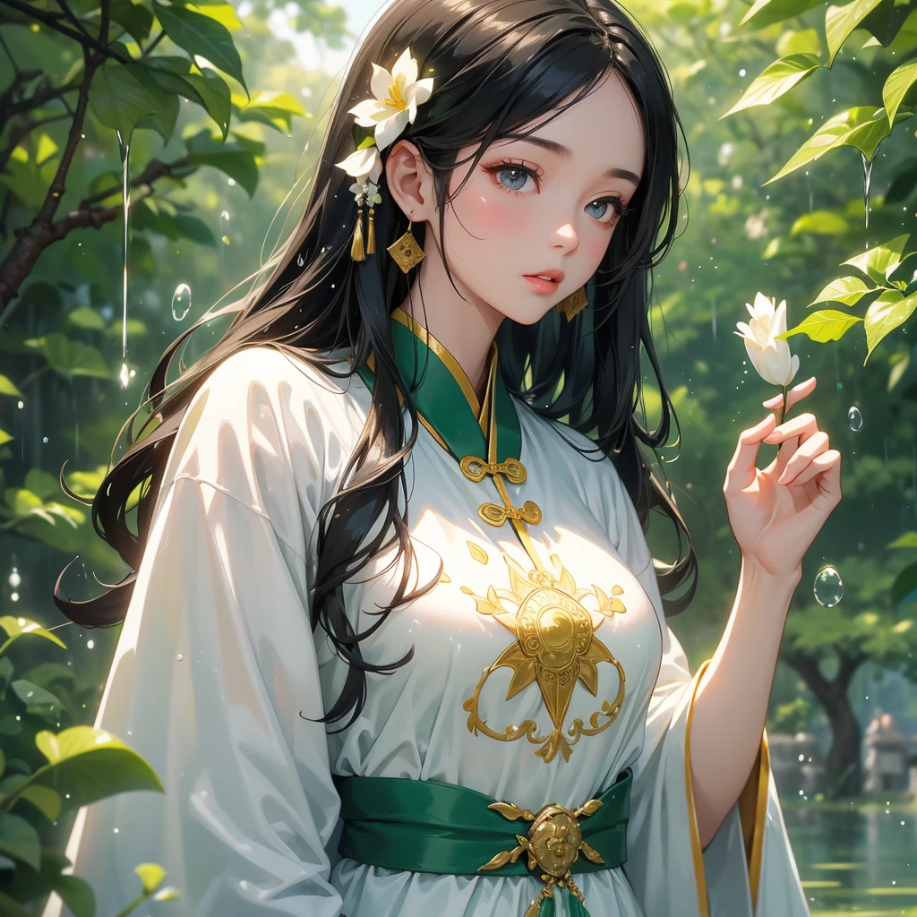 A beautiful girl with black long hair, wear white ancient chinese clothes, with the sun shining on her face, close up.

Background is trees, vegetables, lush green, with water drops after rain, with water droplets everywhere, green