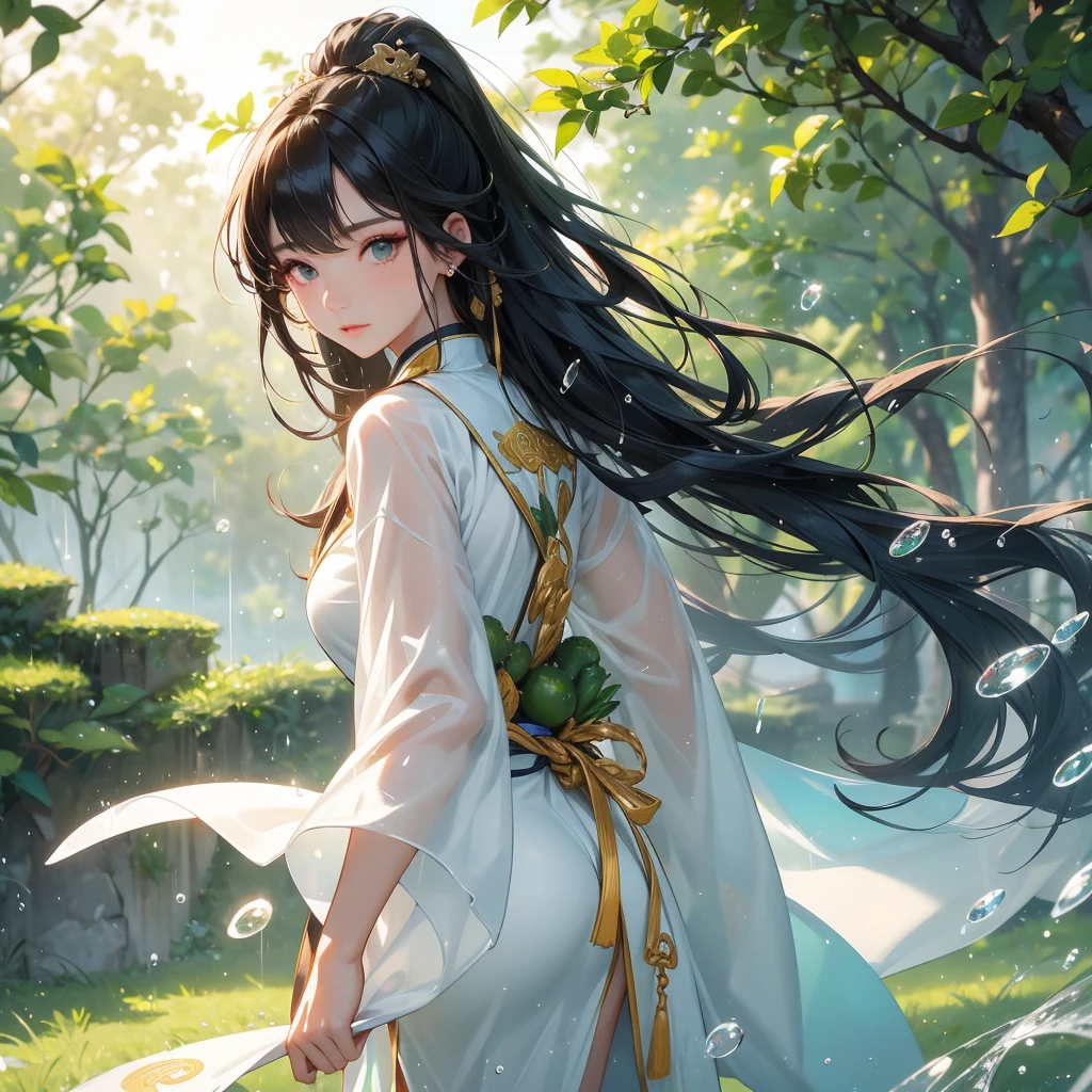 A beautiful girl with black long hair, wear white ancient chinese clothes, with the sun shining on her face, close up.

Background is trees, vegetables, lush green, with water drops after rain, with water droplets everywhere, green