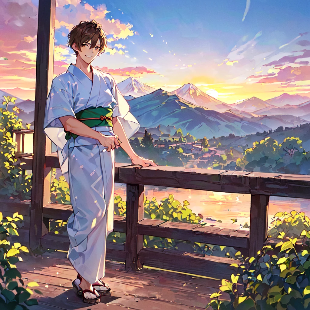 masterpiece, best quality, high quality, extremely detailed, (1 male handsome age 20 solo one: 1.5), (short short hair: 1.5), (hair color brown), (eyes yellowish green: 1.3), 8 head tall, slender nose, facial muscles, Throat, (yukata short sleeves and pants: 1.3), (standing), (dynamic pose), (smiling: 1.3), (background countryside and mountains: 1.3), (sunset: 1.3)