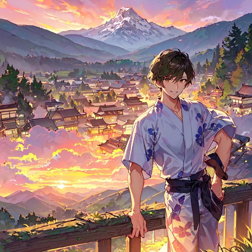 masterpiece, best quality, high quality, extremely detailed, (1 male handsome age 20 solo one: 1.5), (short short hair: 1.5), (hair color brown), (eyes yellowish green: 1.3), 8 head tall, slender nose, facial muscles, Throat, (yukata short sleeves and pants: 1.3), (standing), (dynamic pose), (smiling: 1.3), (background countryside and mountains: 1.3), (sunset: 1.3)