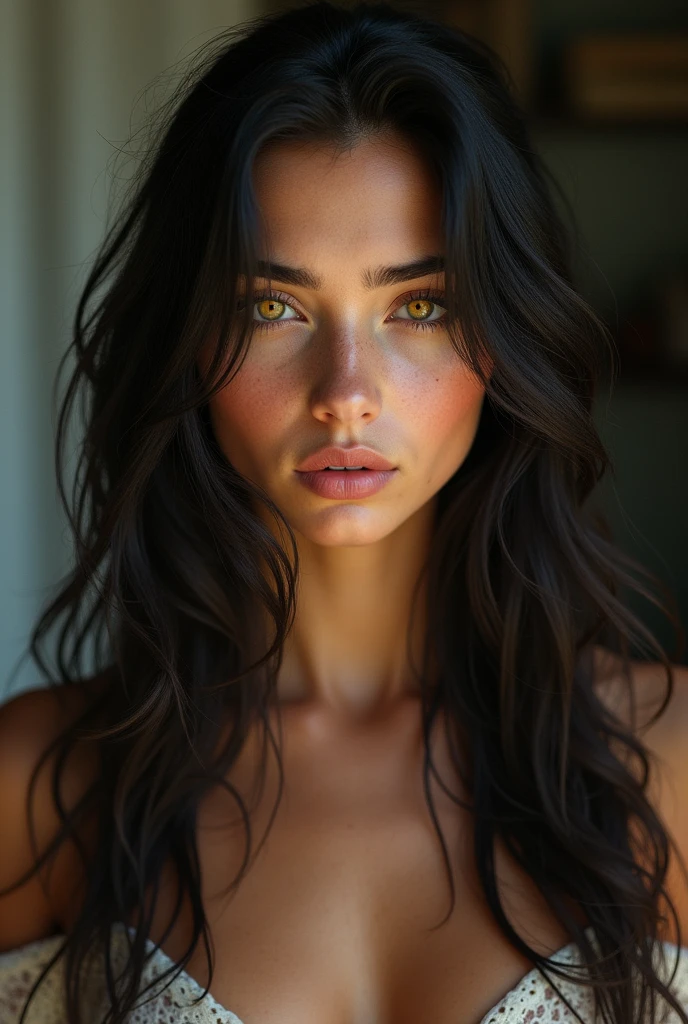 a girl aged 20 yellow eyes with a light brown tone long hair below the breasts long black hair layered cut small nose full lips tanned skin 