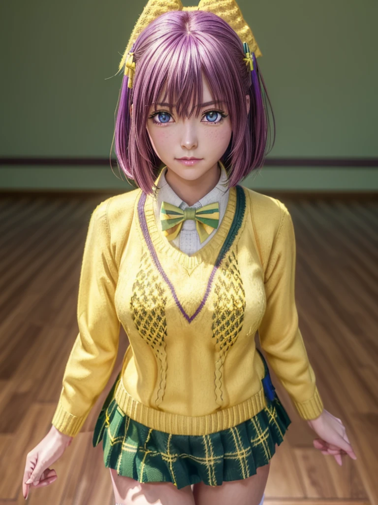 Momodebilke, Deviluke Type, demon tail, Hair Flower, hair ornaments, (Purple eyes:1.1), Pink Hair, short hair, tail, smile,
break demon tail, green skirt, Plaid, Plaid skirt, Sainan High School uniform, , skirt, Sweater vest, Knee socks, (Yellow Sweater:1.5), Short sleeve, bow, (green bow:1.5),
break indoors, classroom,
break looking at viewer, (Cowboy Shot:1.5),
break (masterpiece:1.2), Highest quality, High resolution, unity 8k wallpaper, (figure:0.8), (beautiful detailed eyes:1.6), extremely detailed face, Perfect lighting, extremely detailed CG, (Perfect hands, Perfect Anatomy),