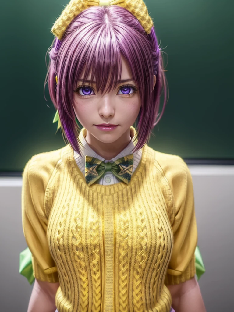 Momodebilke, Deviluke Type, demon tail, Hair Flower, hair ornaments, (Purple eyes:1.1), Pink Hair, short hair, tail, smile,
break demon tail, green skirt, Plaid, Plaid skirt, Sainan High School uniform, , skirt, Sweater vest, Knee socks, (Yellow Sweater:1.5), Short sleeve, bow, (green bow:1.5),
break indoors, classroom,
break looking at viewer, (Cowboy Shot:1.5),
break (masterpiece:1.2), Highest quality, High resolution, unity 8k wallpaper, (figure:0.8), (beautiful detailed eyes:1.6), extremely detailed face, Perfect lighting, extremely detailed CG, (Perfect hands, Perfect Anatomy),