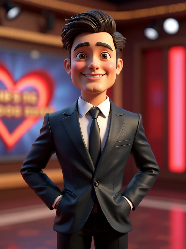 A 3D mascot of a charismatic male TV presenter, dressed in a suit and tie, with a bright smile and confident posture. The presenter has a classic, elegant style, often associated with iconic TV shows. He is shown standing in a studio-like environment with professional lighting and a vibrant background, ready to engage the audience.