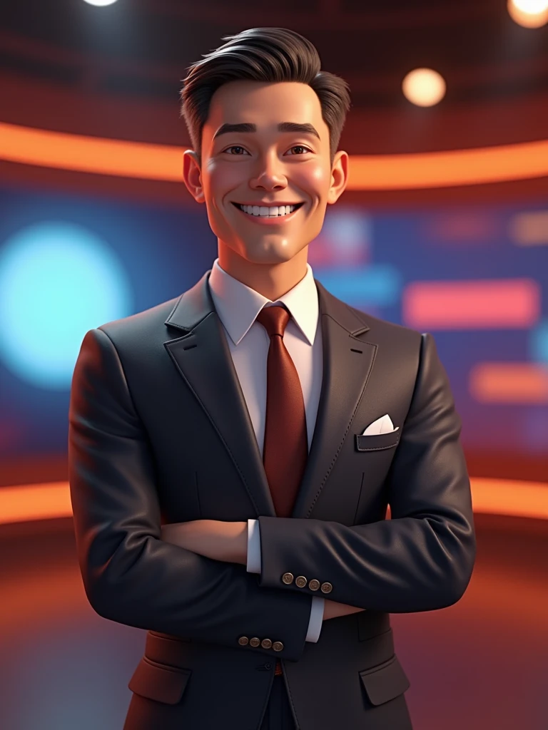 A 3D mascot of a charismatic male TV presenter, dressed in a suit and tie, with a bright smile and confident posture. The presenter has a classic, elegant style, often associated with iconic TV shows. He is shown standing in a studio-like environment with professional lighting and a vibrant background, ready to engage the audience.