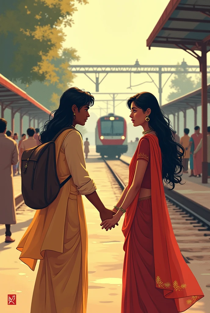Create a Indian cartoon character of The couple standing at a train station, holding hands as they reluctantly part ways. She is dressed in a simple salwar kameez, and he in a casual outfit. The train in the background signifies their separation, with the mood heavy and emotional..Create a Indian cartoon character