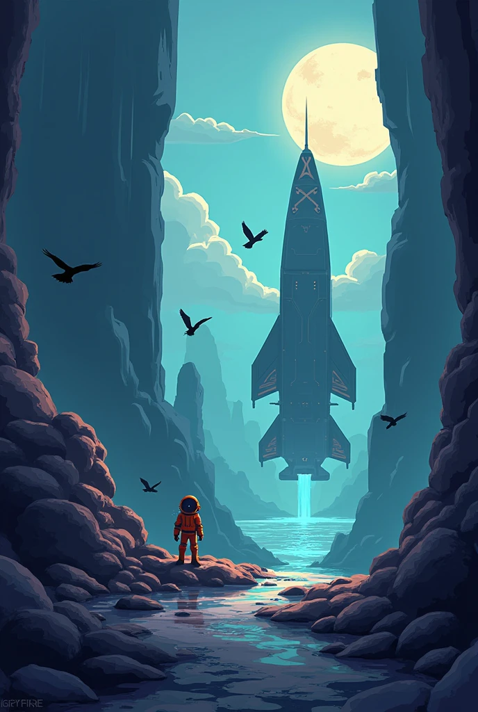 2D video game world at 8 pixels. Futuristic spaceship look, spawn shadow-like enemies, shadow with light and flying crows. The character will be located on the left of the screen and will look like an astronaut.