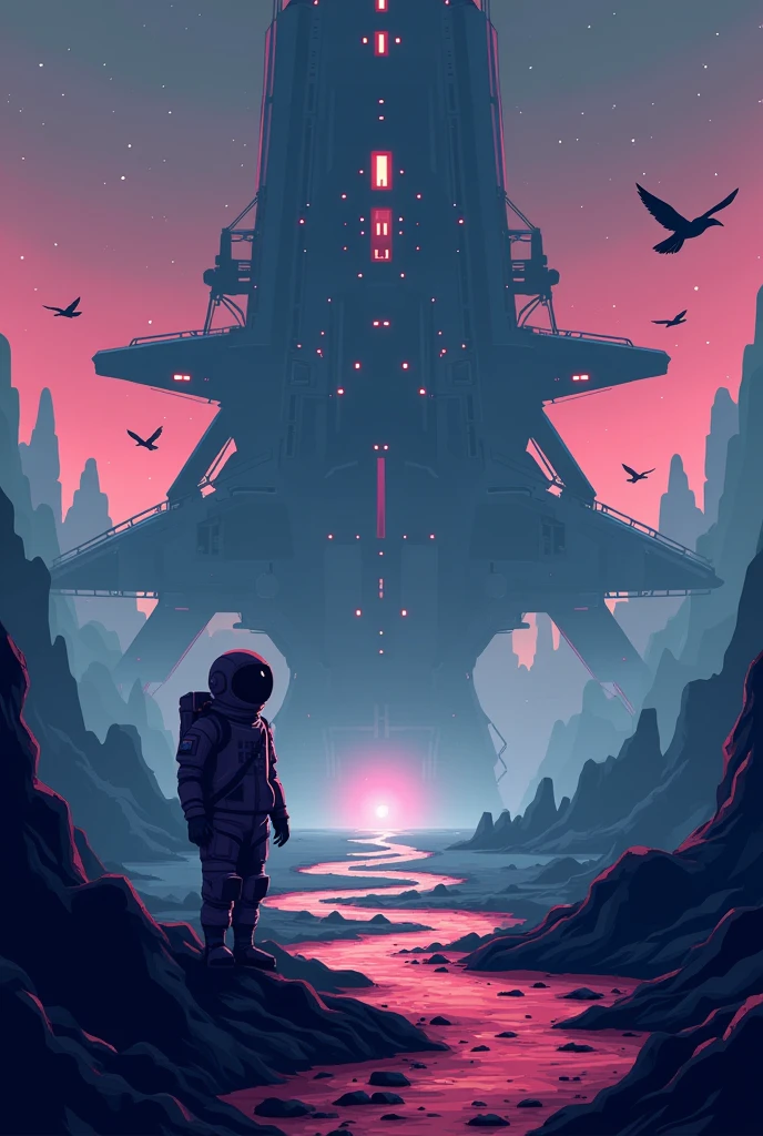 2D video game world at 8 pixels. Futuristic spaceship look, spawn shadow-like enemies, shadow with light and flying crows. The character will be located on the left of the screen and will look like an astronaut.