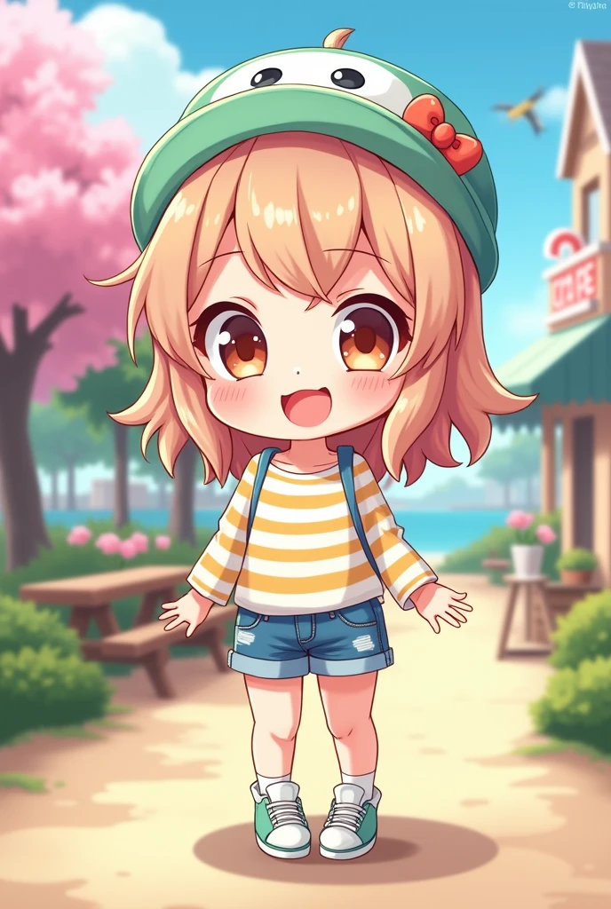 Create a digital chibi drawing of an anime girl with a playful and endearing style. She should have an enthusiastic expression, large, expressive eyes, and a fun hairstyle in a bright, pastel color like peach or mint green, with subtle highlights. Dress her in a cute, casual outfit such as a cheerful striped shirt and denim shorts, accessorized with a fun hat or colorful sneakers. The background should be a charming, non-futuristic setting, such as a picturesque park with blooming flowers, a cozy café scene, or a sunny beach with gentle waves. Ensure the drawing has a polished, digital finish with clean lines and vibrant colors to make it clearly digital and visually appealing, avoiding any appearance of being AI-generated.