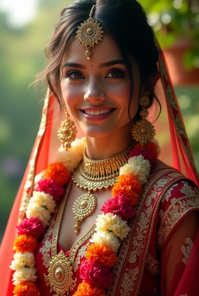 (photorealism: cartoon beautiful girl shaadi ke kapdho main gale mai varnmala pahne hue