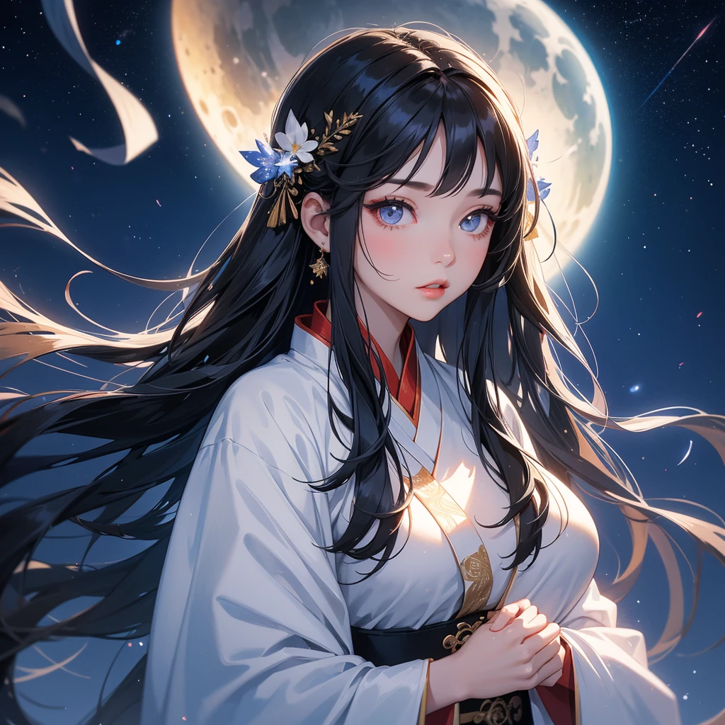 A beautiful girl with black long hair, wear white ancient chinese clothes, with the sun shining on her face, close up.
Background is a dark night, with moonlight and millions of stars, twinkling everywhere, with blue light