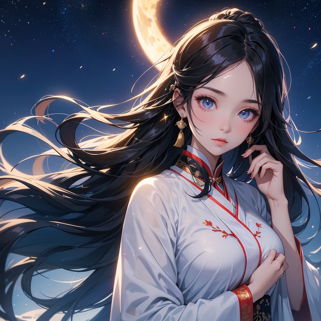 A beautiful girl with black long hair, wear white ancient chinese clothes, with the sun shining on her face, close up.
Background is a dark night, with moonlight and millions of stars, twinkling everywhere, with blue light