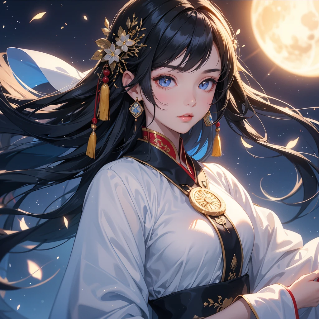 A beautiful girl with black long hair, wear white ancient chinese clothes, with the sun shining on her face, close up.
Background is a dark night, with moonlight and millions of stars, twinkling everywhere, with blue light