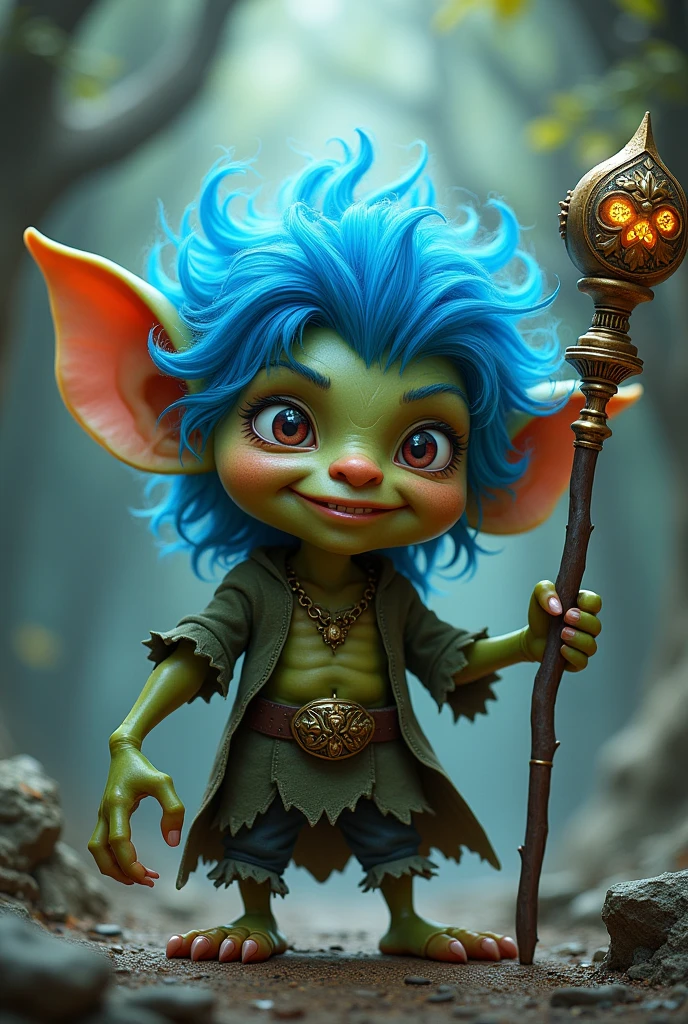 a goblin with blue hair wearing Sceptre u ,barbe bleu