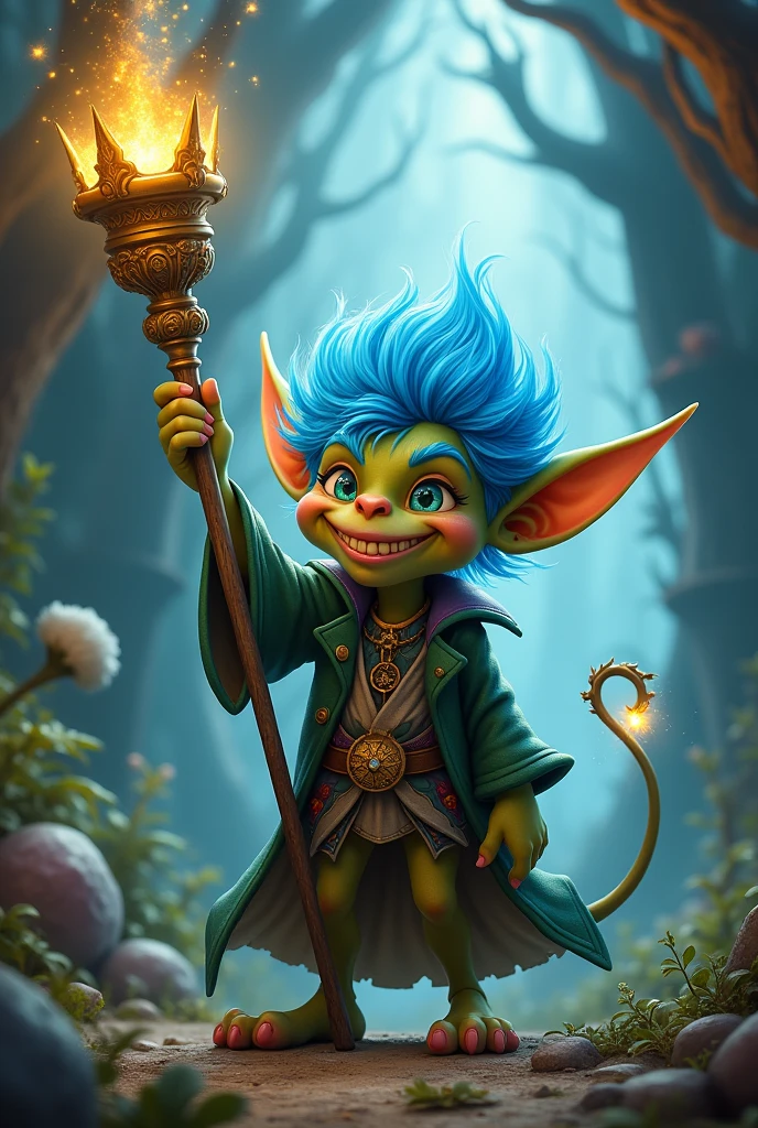 a goblin with blue hair wearing Sceptre u  ,barbe bleu 