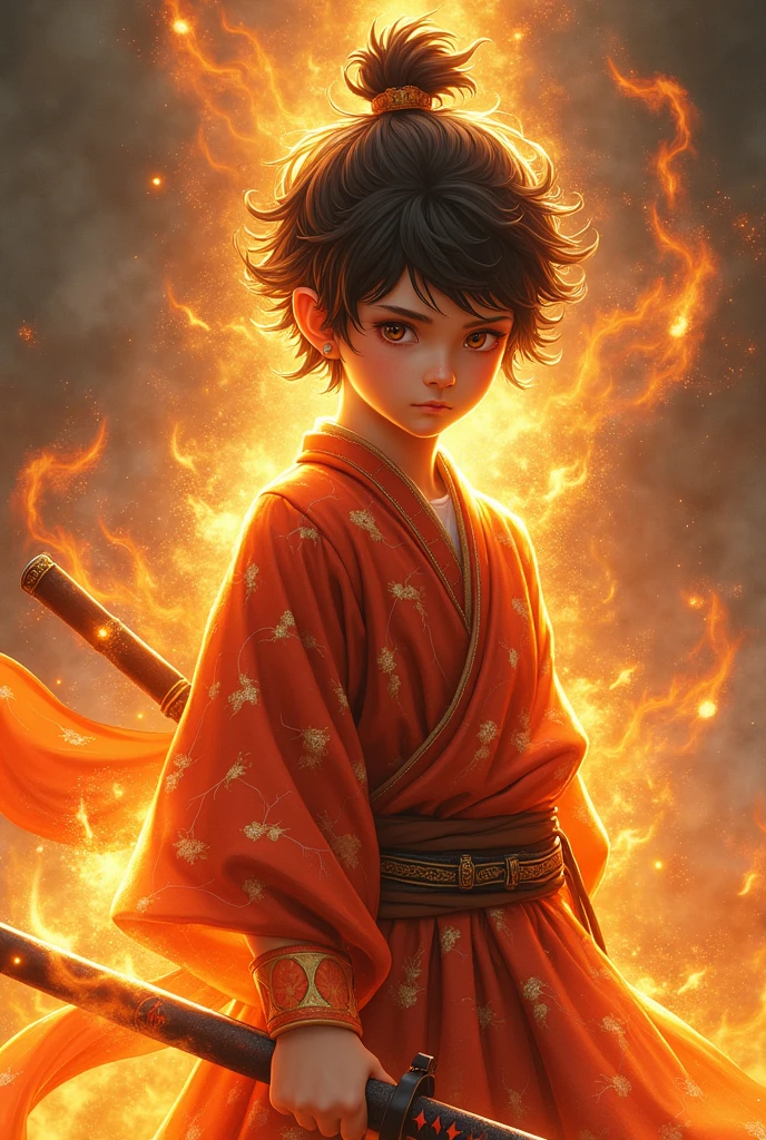 Make a boy who is a fire god who uses a katana sword and the boy has to have a cracked shape