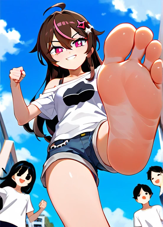 Fraction_9,Fraction_8_Direction_7_up,1 girl standing on one leg,Smirk,Lift one foot,Show your big feet,Soles,barefoot,Female Giant,Clear features,Perfect facialres,Many buildings around,Low Angle,Denim shorts,There are bangs between the s,Off-shoulder T-shirt,Long hair,Dark brown haive-pointed star on hair,Perfect feet,Pink Eyes,Low Angle,很多小人从Female Giant的脚下逃跑,Many little people running on the ground,Sky,