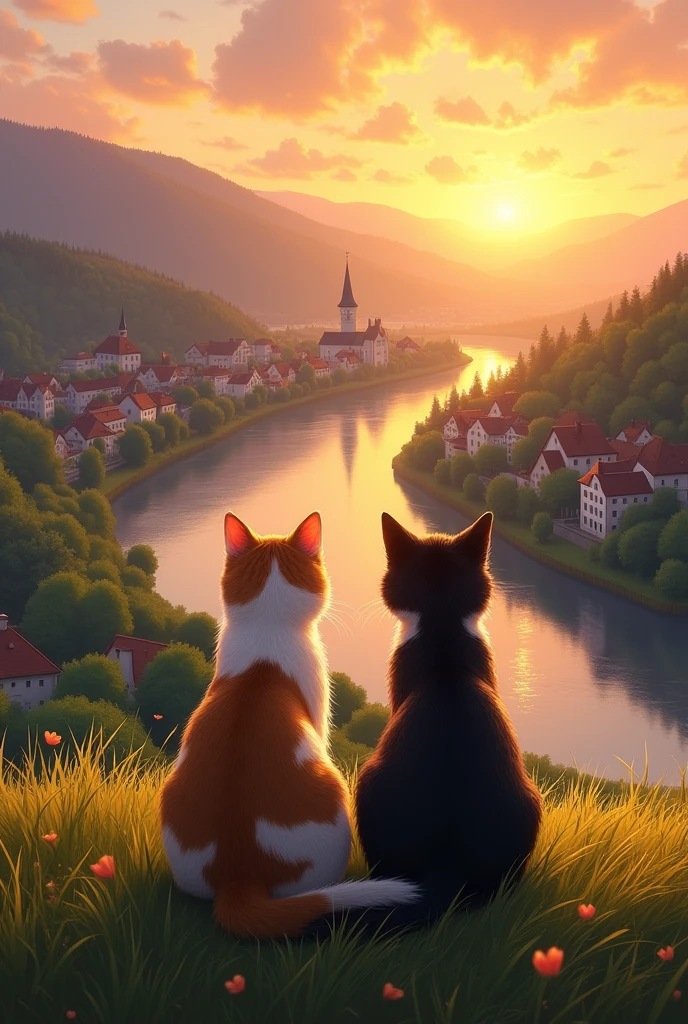 romantic, sun set, Two cats sitting overlooking the river Mosel, Town of Leiwen, realisti