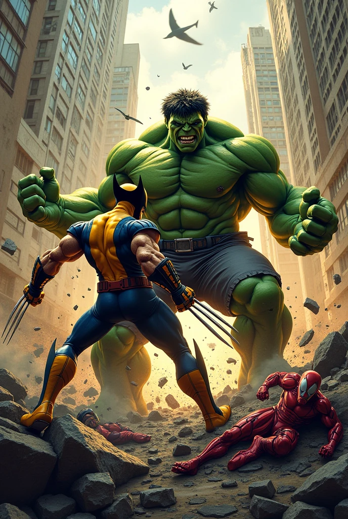 Draw Wolverine vs Hulk, a destructive battle, pure chaos in the world and several dead heroes