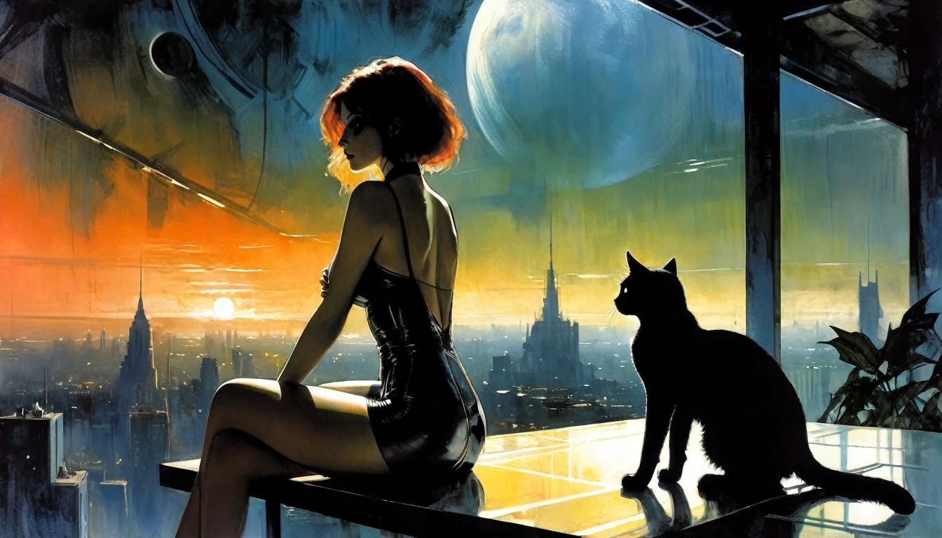 very sexy girl drinks coffee with her pet cat, on a terrace overlooking a futuristic city, sunrise, eroticism, sexy, black and white image, between shadows, oil painting, chiaroscuro, sensual, dramatic lighting, moody atmosphere, photorealistic, intricate details, masterpiece, ultra-detailed, high quality, 8k, best quality, realistic, cinematic, dark and brooding, expressionistic, powerful composition, emotional impact, Bill Sienkiewicz inspired art