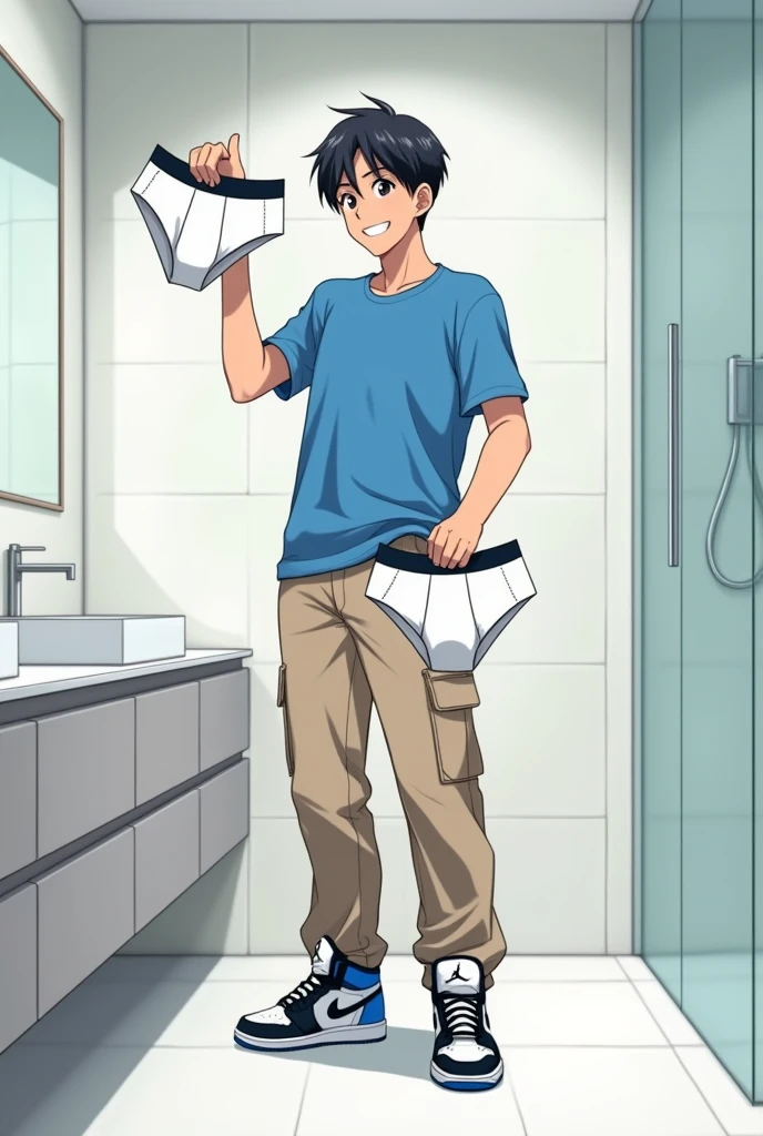 into the image, a cool teenager , with white skin and straight black hair, is posing in a bathroom. He wears a blue t-shirt and beige cargo pants., complemented by a pair of Air Jordan sneakers in blue, black andwhite. The young man is holding only a pair of underwear (of the boxer model), this underwear is white (medium-sized) with both hands, displaying it to the "Camera", with a happy and relieved expression. The bathroom in the background is modern and minimalist., with details like a large mirror and light tiles. The teenager&#39;s expression is relaxed and fun, besides him appearing relieved, giving a casual and informal tone to the image, In anime style, he only holds a pair of underwear (of the boxer model) medium-sized.