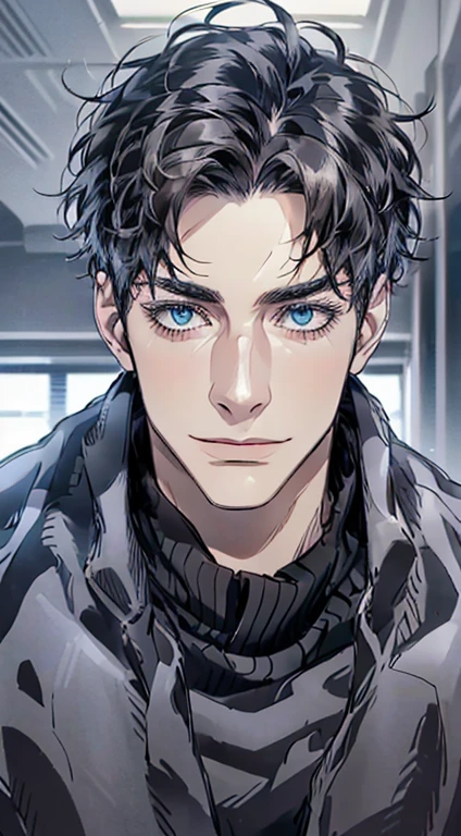 (best quality,4k,8k,highres,masterpiece:1.2),ultra-detailed,(realistic,photorealistic,photo-realistic:1.37),1 man,3,mature man,very handsome,without expression,smile,short grey black hair,blue eyes,penetrating gaze,perfect face without errors,imposing posture,businessman,office background,cinematic lighting,hdr image