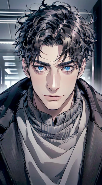 (best quality,4k,8k,highres,masterpiece:1.2),ultra-detailed,(realistic,photorealistic,photo-realistic:1.37),1 man,3,mature man,very handsome,without expression,smile,short grey black hair,blue eyes,penetrating gaze,perfect face without errors,imposing posture,businessman,office background,cinematic lighting,hdr image