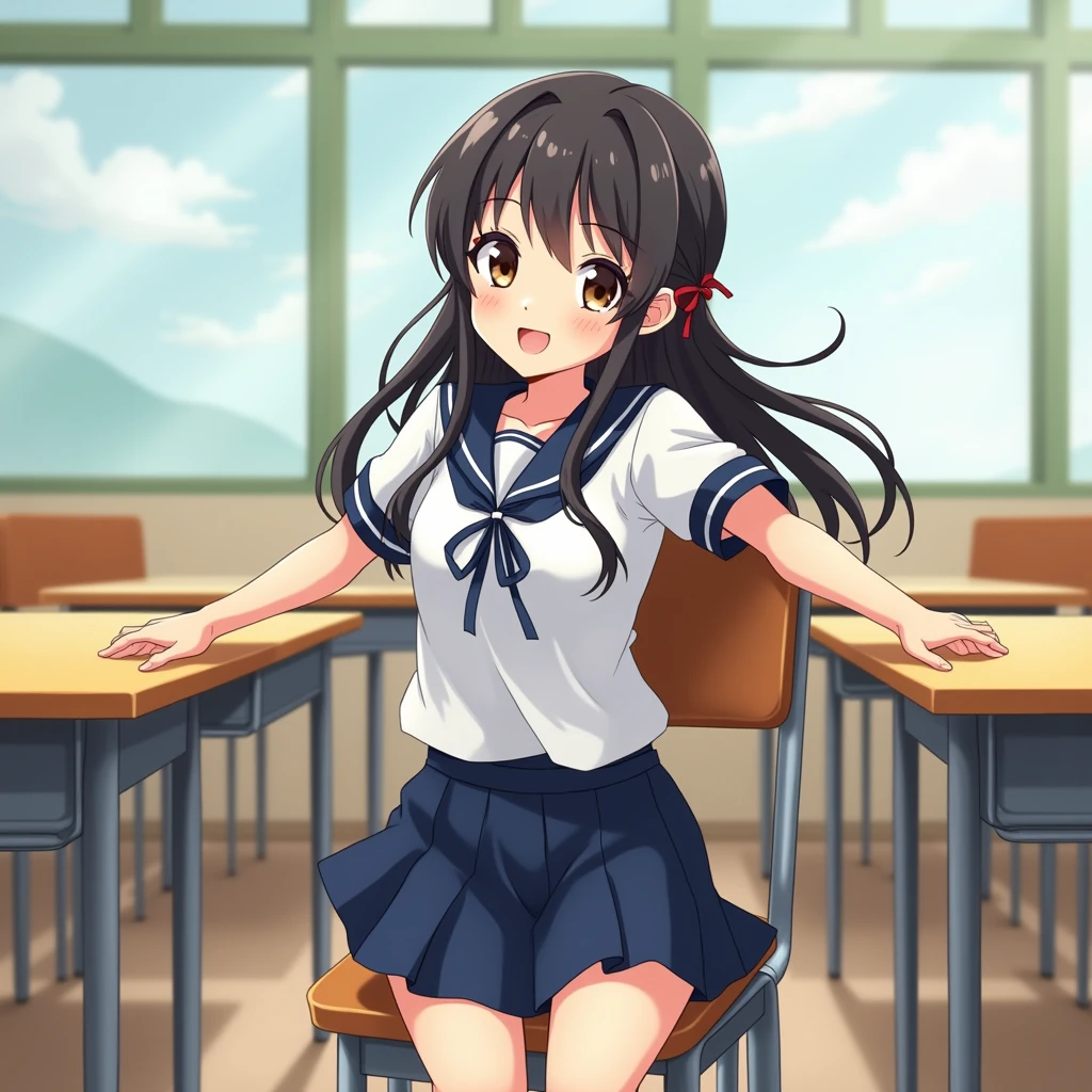 anime style. 1girl sits backward, her arms over the back of her chair. 16yo. smiling.
She is wearing a white serafuku with short sleeves and a navy-blue sailor collar with a blue ribbon.
She wears a navy-blue skirt.
black high socks.
She is wearing Uwabaki.
Her hairstyle is low twintails with a red ribbon. Hair is Very long and black. small breasts. dark brown eye.
Reverse facing school chair.
classroom. indoors. school chair. school desk.
Front view. From front.
day. summer.