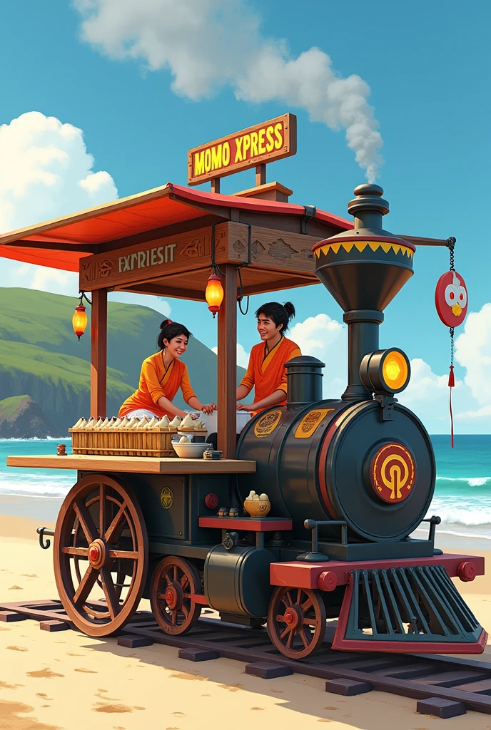 Create a train engine like food cart for momos with 2 members working inside the cart which have length of 10 feet with 3 momo steamer and have the name MOMO XPRESS  located at beach
